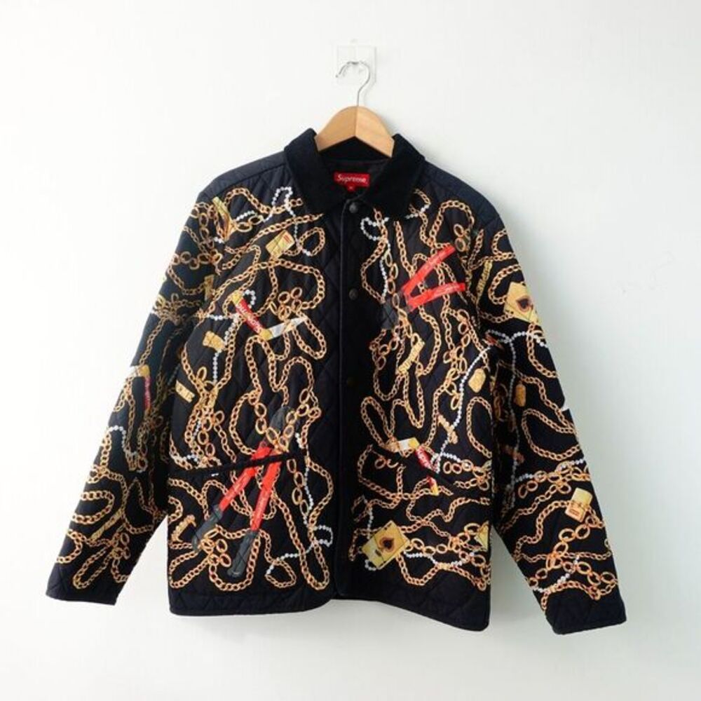 SUPREME Jacket Mens M Black Gold Chain Quilted Reverse Streetwear Y2K NEW